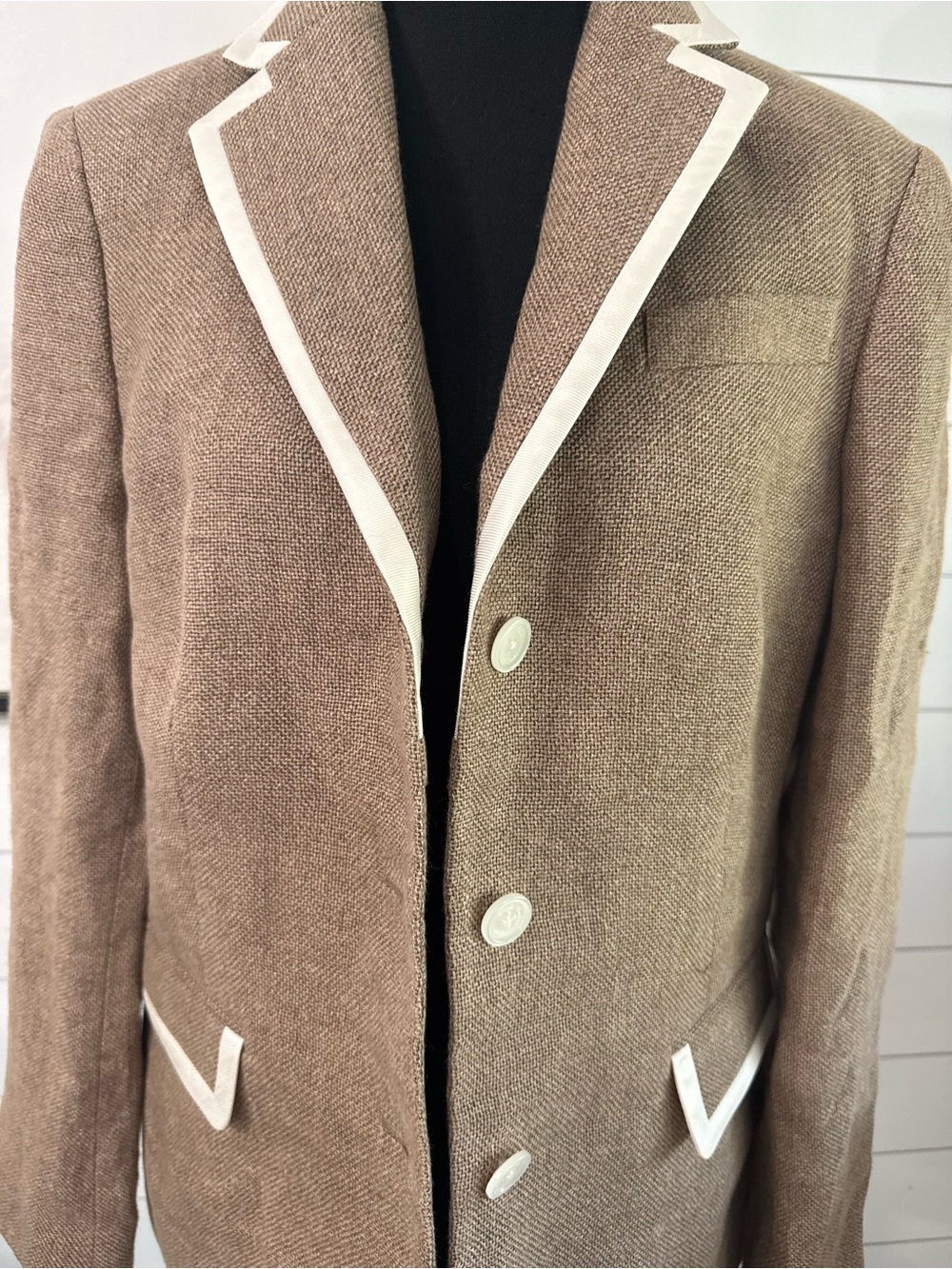Brooks Brothers 346 Women's Beige White Linen Wool 3-Button Lined Blazer Size 12 - Picture 2 of 7